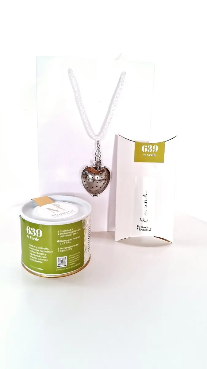 Lata verde, sobre y filtro de corazón del té Emuná 639